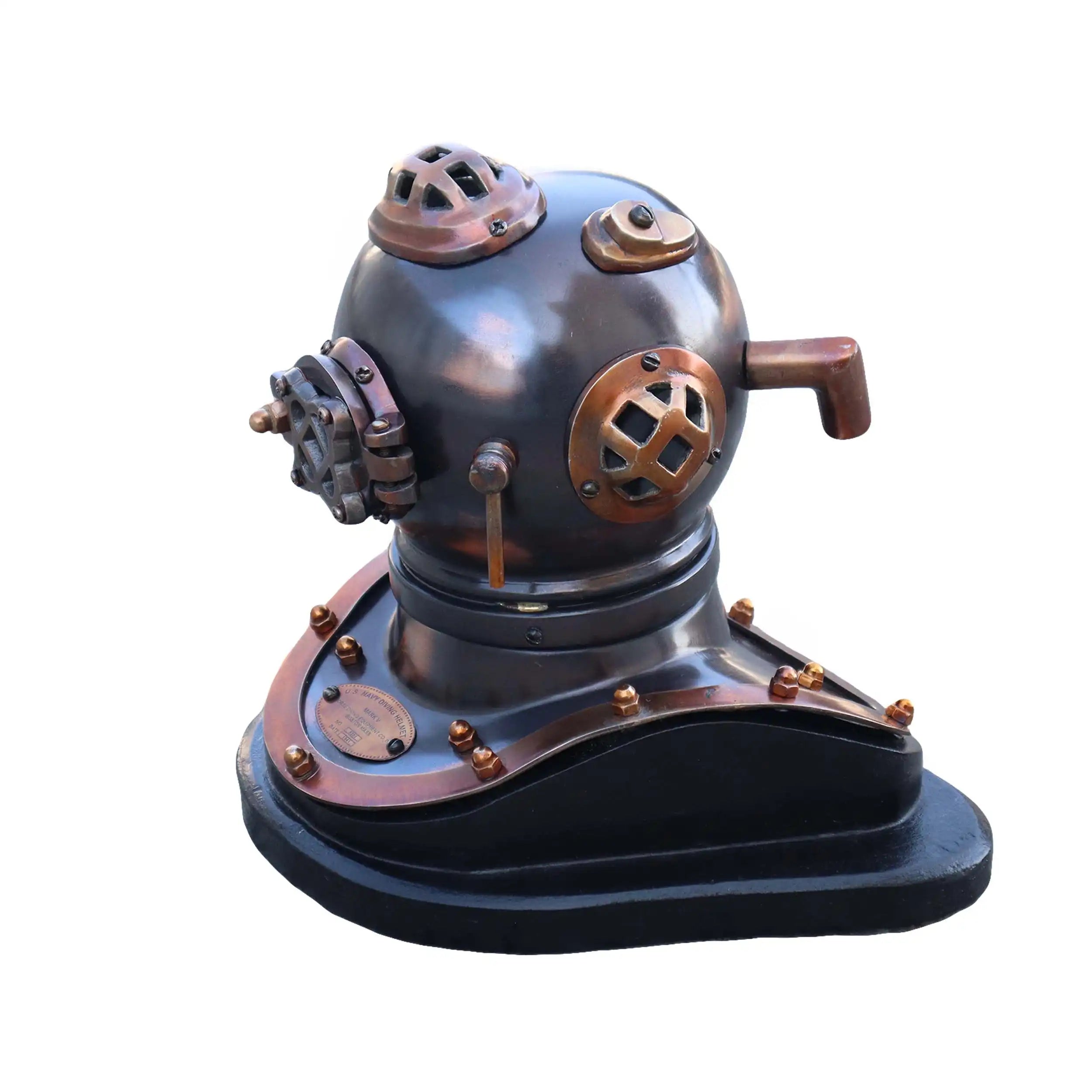 Vintage-style diving helmet with intricate details on a white background