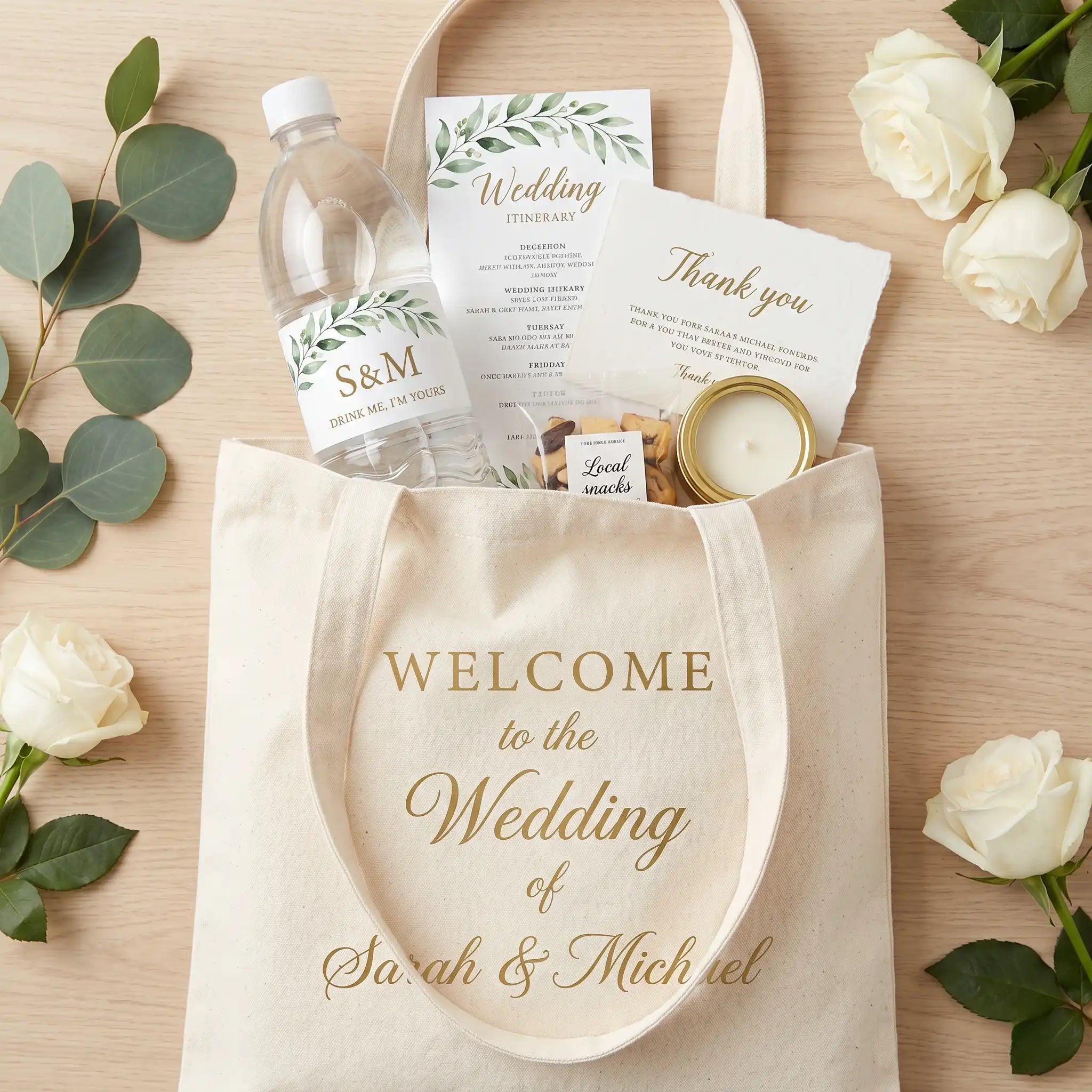 Wedding welcome bag with water bottle, cards, and candles on a wooden surface with flowers.
