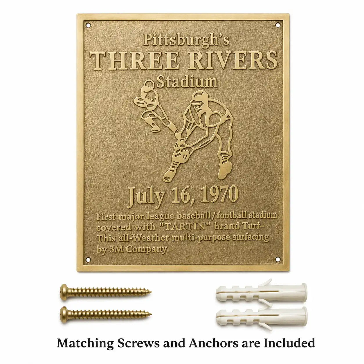 Personalized cast brass plaque shown with matching screws and wall anchors on a clean background.