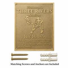 Personalized cast brass plaque shown with matching screws and wall anchors on a clean background.