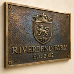 Premium brass house sign with custom text and mounting holes.