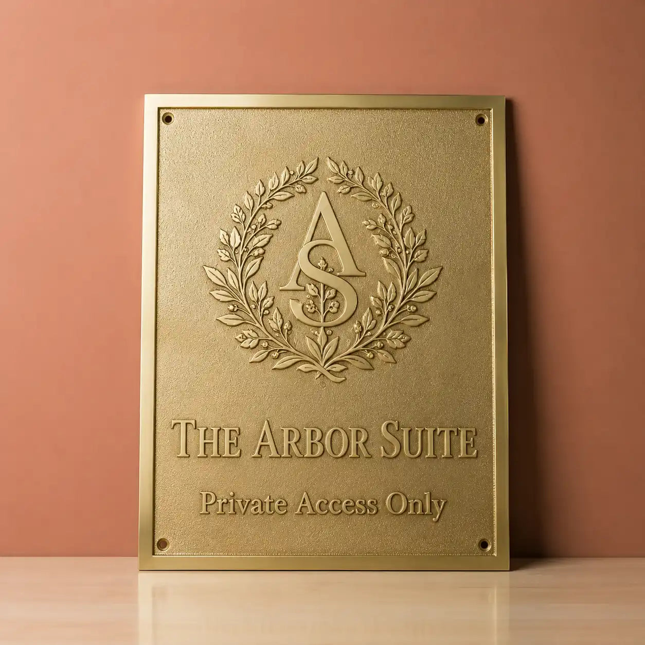 Custom brass wall plaque with family name and address