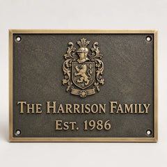 Custom brass address plaque with bronze finish for outdoor house numbers