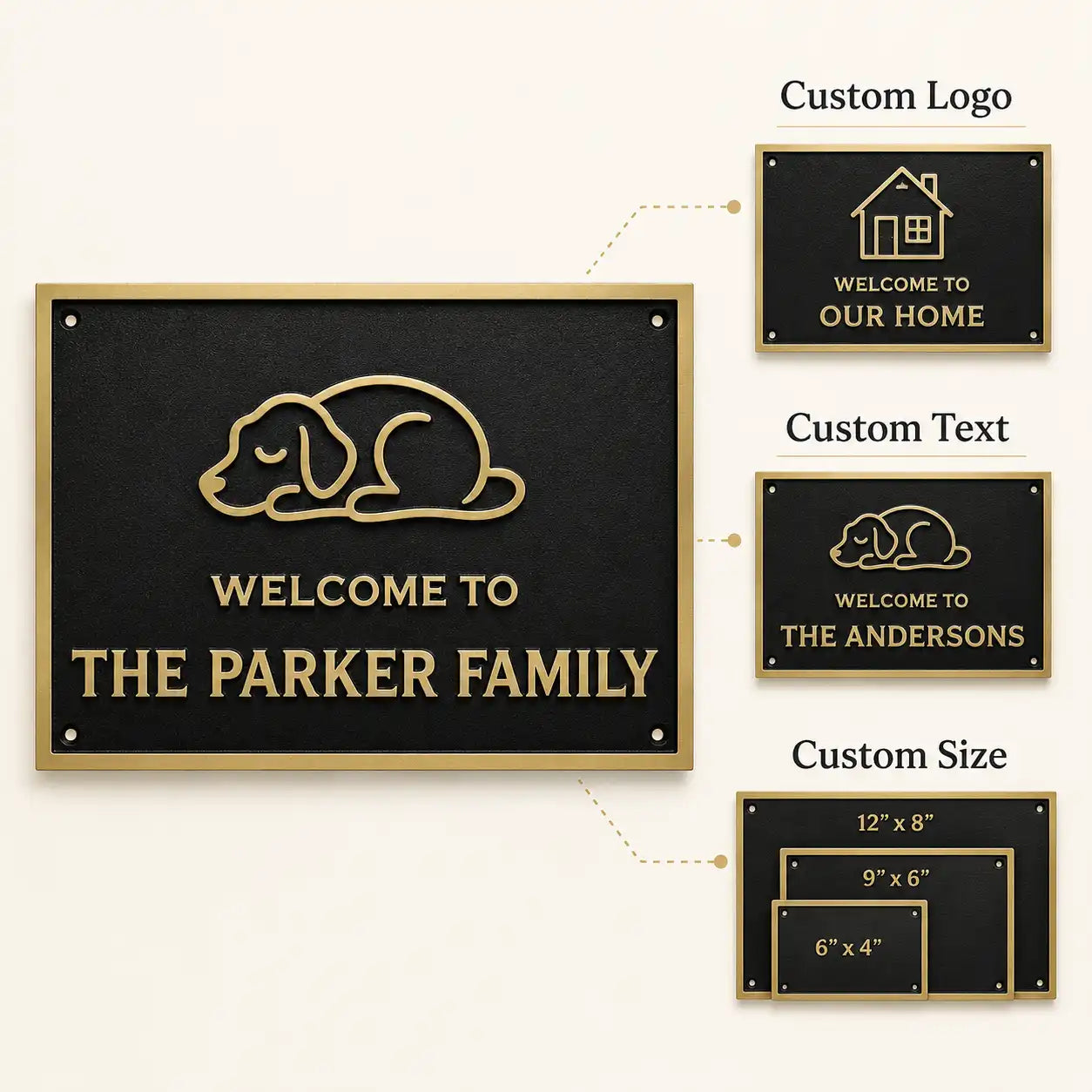 Premium Custom Engraved Brass Plaque infographic featuring engraved text, durable brass finish and custom sizing.