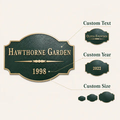 Custom Bronze Address Plaque infographic highlighting raised lettering, textured metal finish and outdoor installation features.