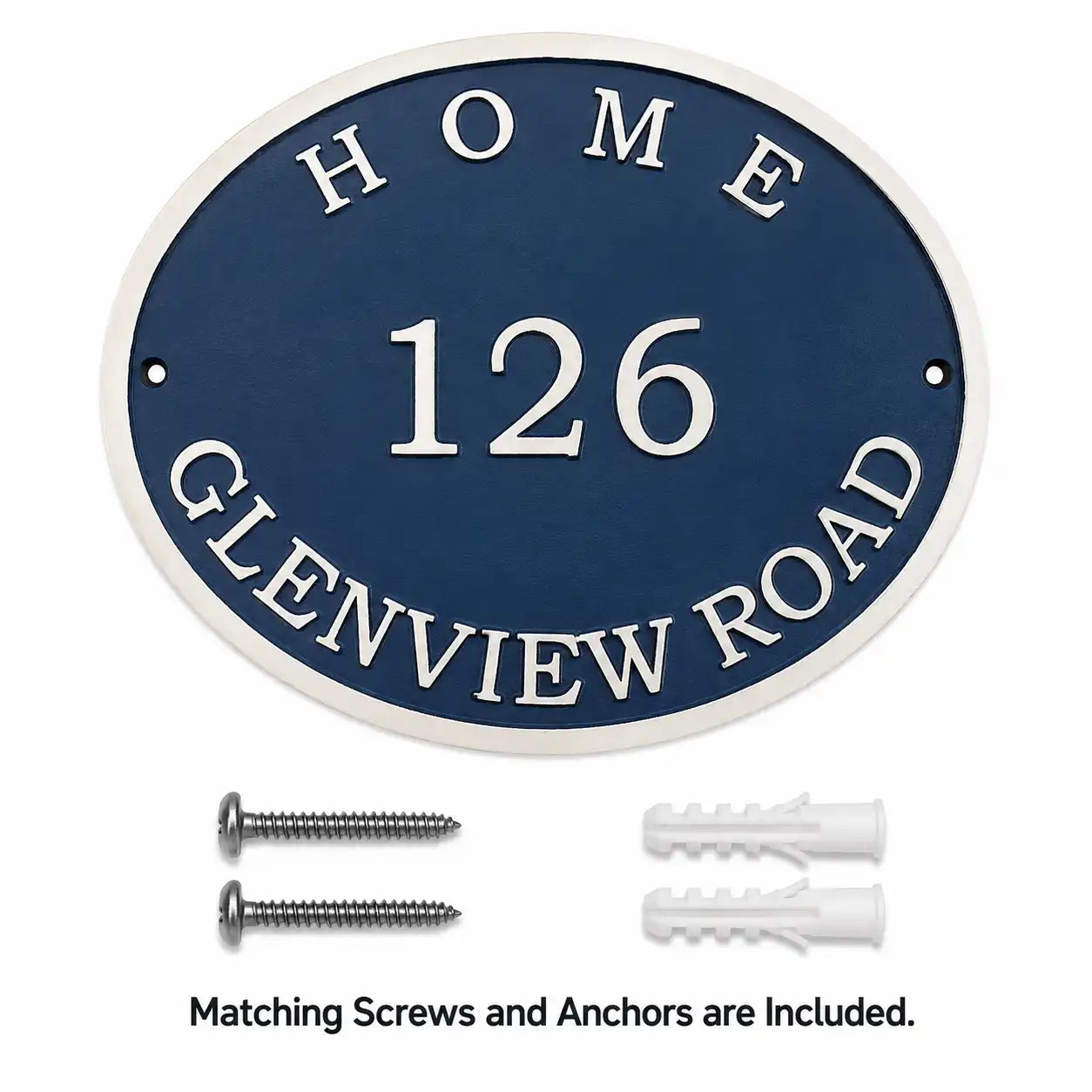 Personalized bronze oval address plaque displayed alongside included mounting hardware on a clean background.