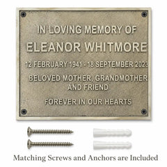 Premium Brass House Number Plaque shown with included fixing screws and wall anchors.