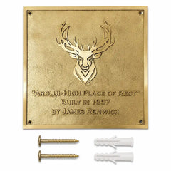 Personalized metal house plaque displayed with included screws and wall anchors on a clean white background.
