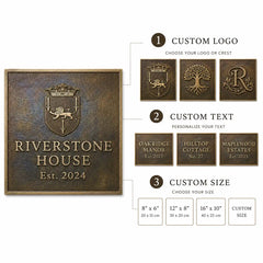 Premium address plaque infographic showing custom engraving, house number, metal finish, dimensions and installation features.