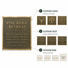 Personalized brass address plaque infographic showing custom text, house number, dimensions, finish and mounting options.
