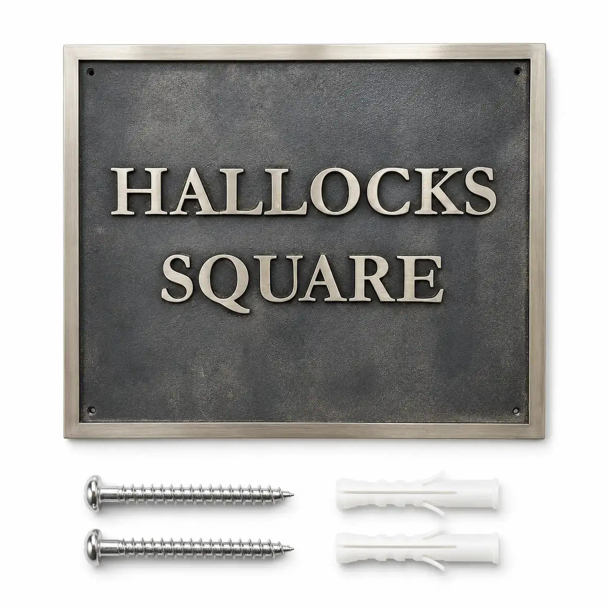 Personalized metal house plaque displayed with included screws and wall anchors on a clean white background.