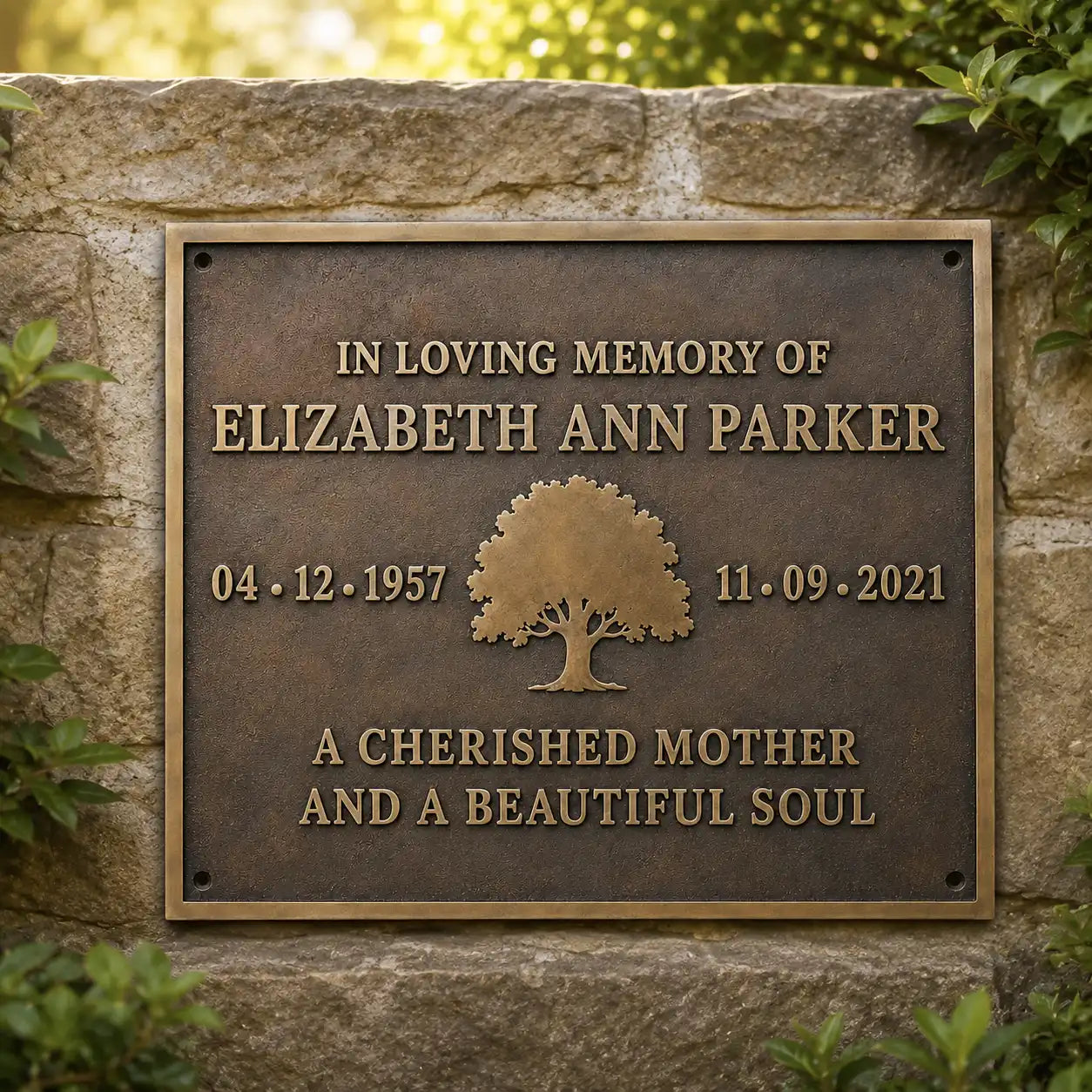 Bronze memorial tribute plaque with custom name and dates