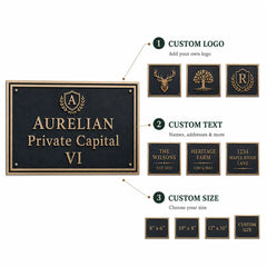 Infographic of a Brass House Number Plaque displaying product features, customization and mounting choices.