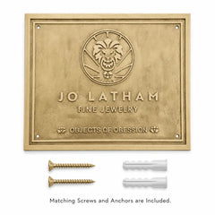 Premium engraved brass plaque infographic featuring custom text, polished finish and available size options.