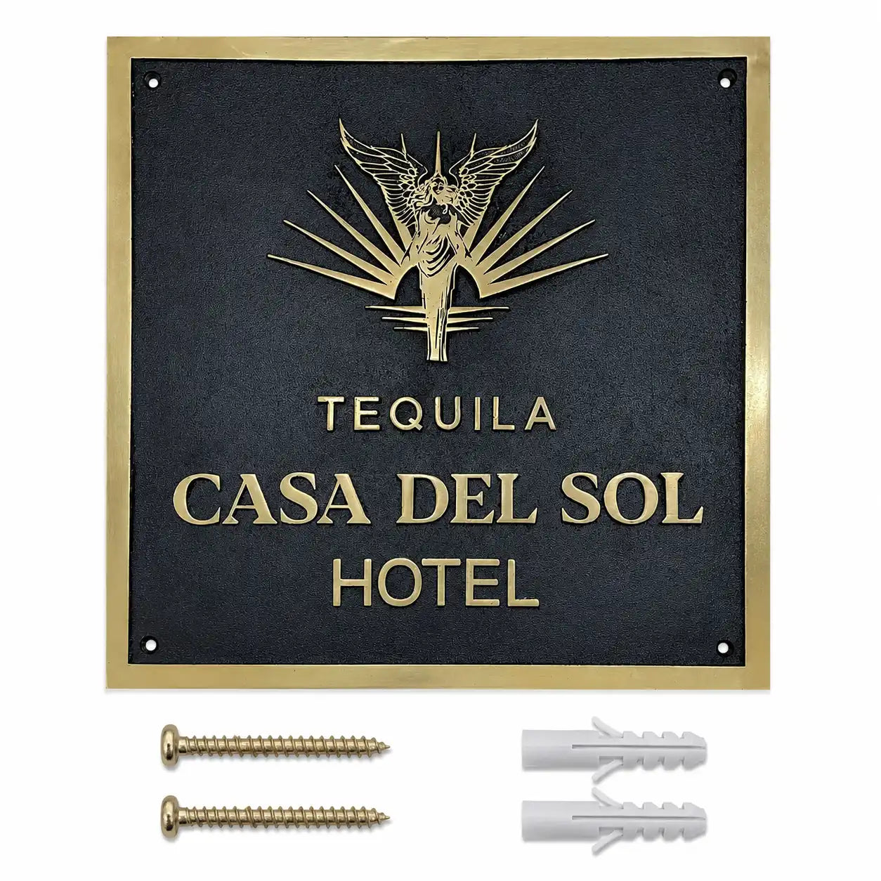 Custom brass address plaque displayed with two mounting screws and two wall anchors included for secure and easy installation.