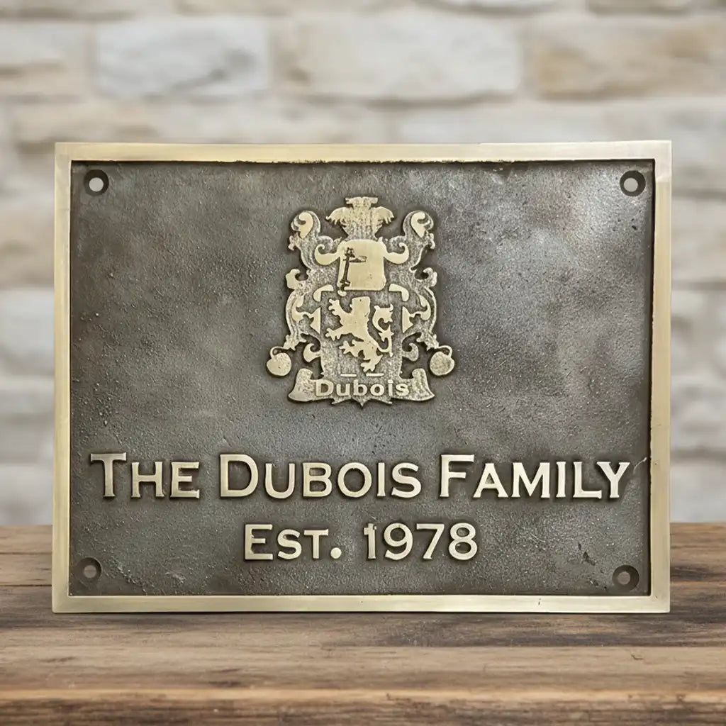 Engraved brass plaque in bronze color on a wooden surface.
