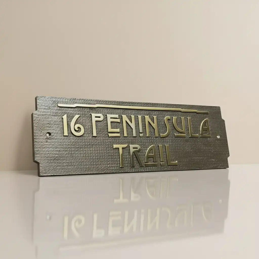 Metallic house nameplate with engraved text on a reflective surface