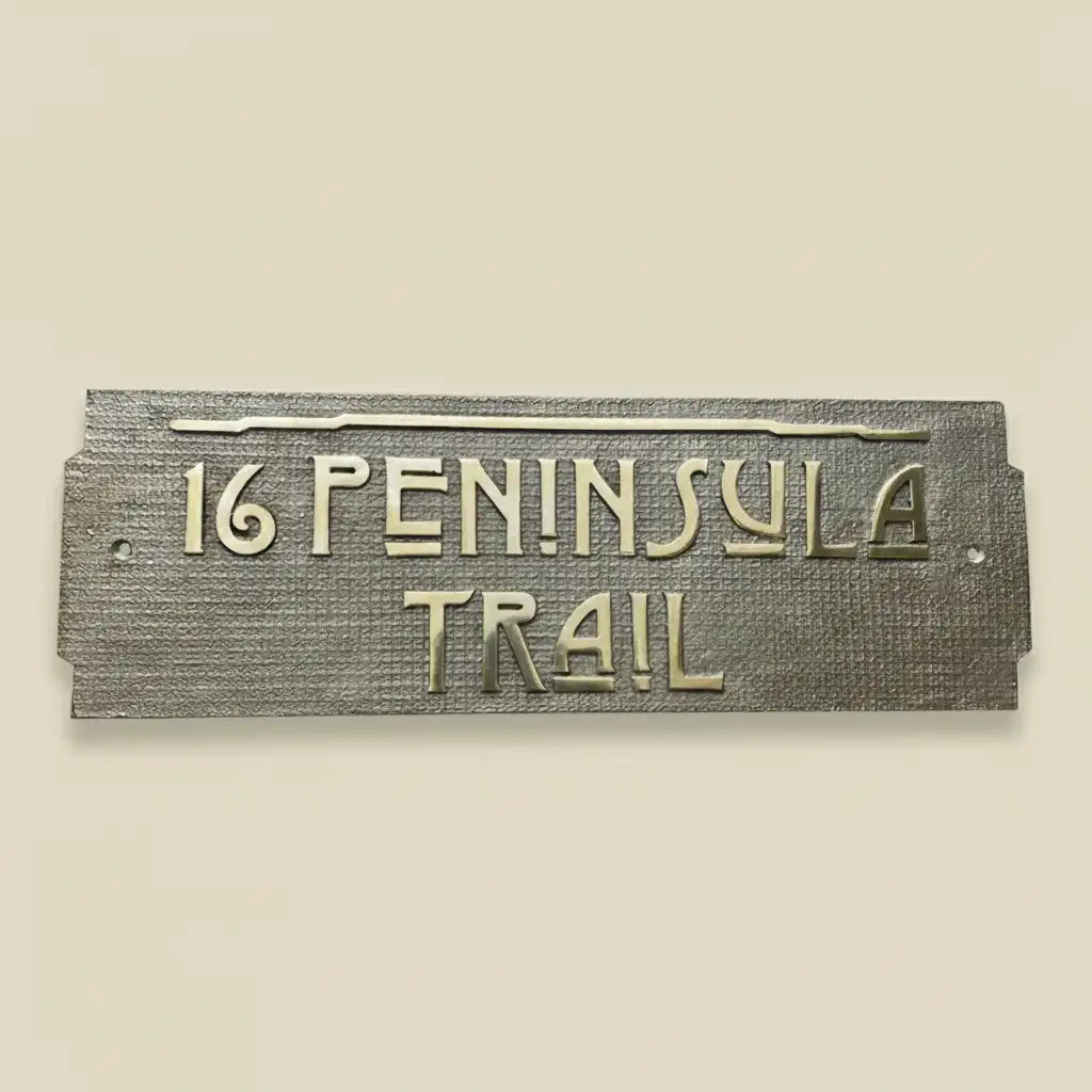 House number and street name plaque on a beige wall