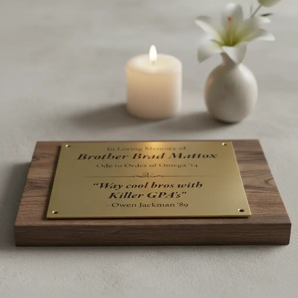 Small brass plaque for urn—memorial plaque on a wooden base with a candle and vase in the background