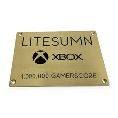 Brass plaque with LITESUMN and Xbox logo on a white background