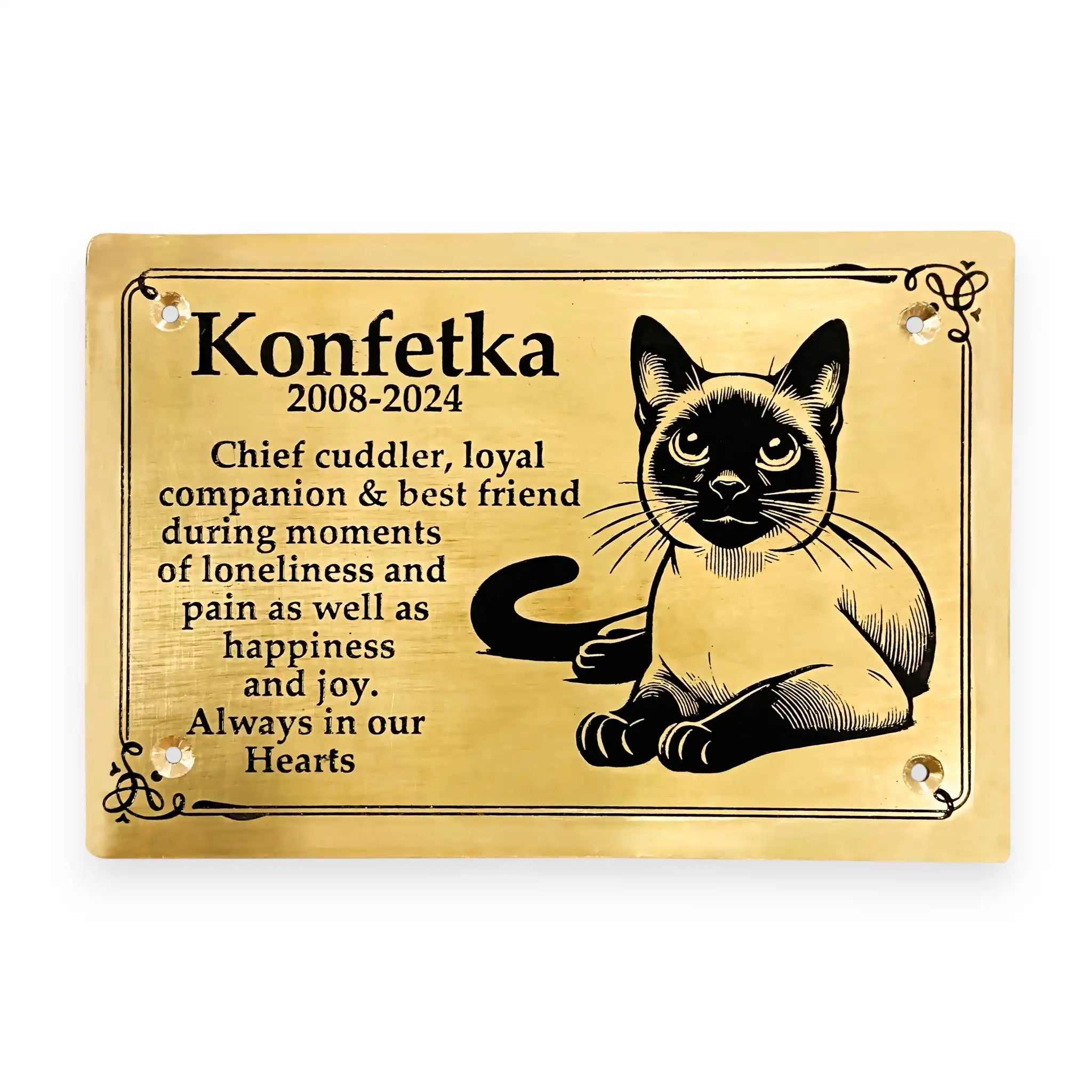 Memorial plaque for a cat named Konfetka with text and a black and white cat illustration on a gold background.