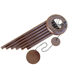 Brown wind chime with circular top and hanging discs on a white background