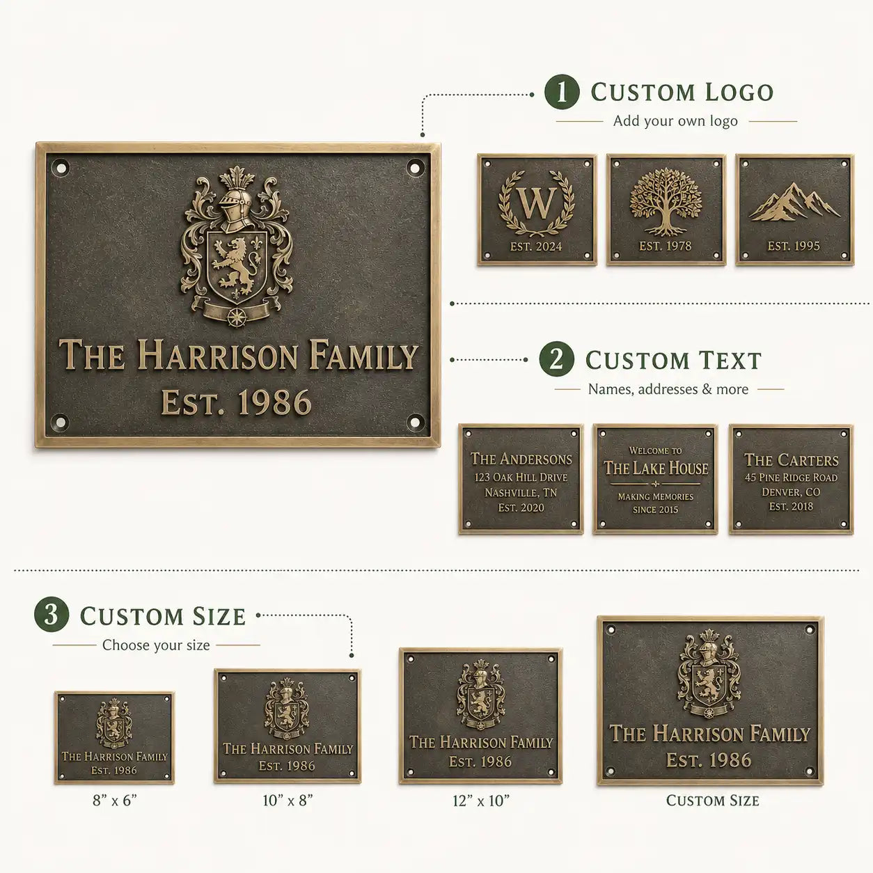 Custom Brass House Number Plaque infographic highlighting raised lettering, polished finish and outdoor installation features.