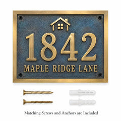 Oil-Rubbed Bronze House Number Plaque displayed with mounting screws and wall anchors for installation.