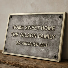 Custom brass and bronze plaques with personalized engraving for memorials, business signage, dedication plaques, and architectural applications