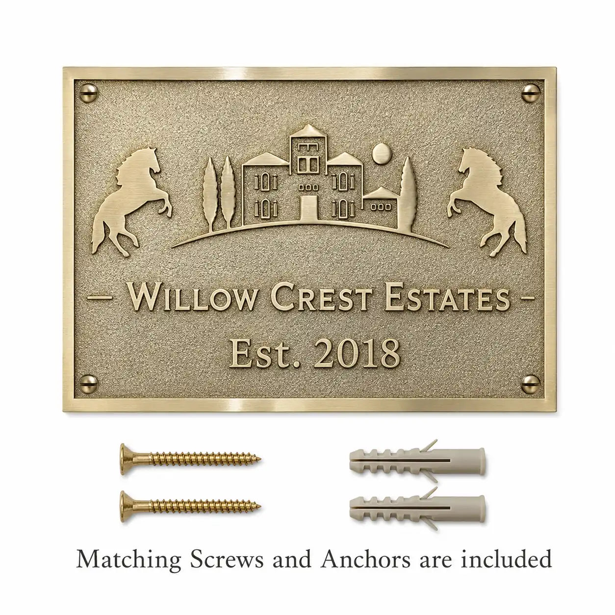 Personalized brass address plaque with screws and wall anchors included for secure wall fixing.