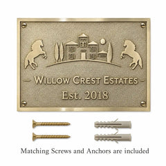 Personalized brass address plaque with screws and wall anchors included for secure wall fixing.