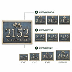 Brass House Number Plaque infographic showing customization options, sizes, finishes and mounting details.
