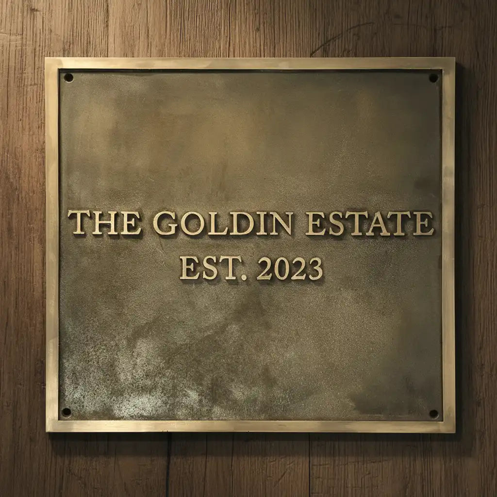 Custom brass plaque antique finish | Bronze plaque with text on a wooden background