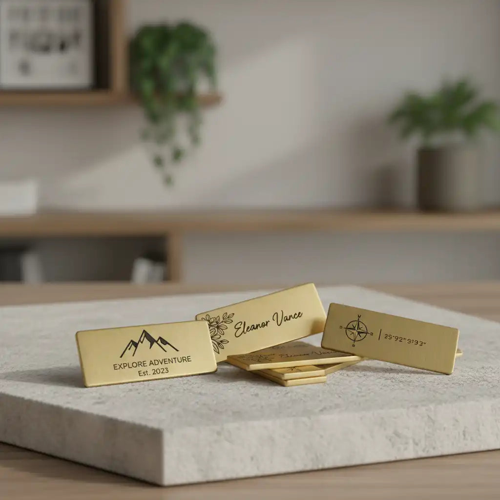 Gold name-engraved brass label tag with engraved designs on a marble surface