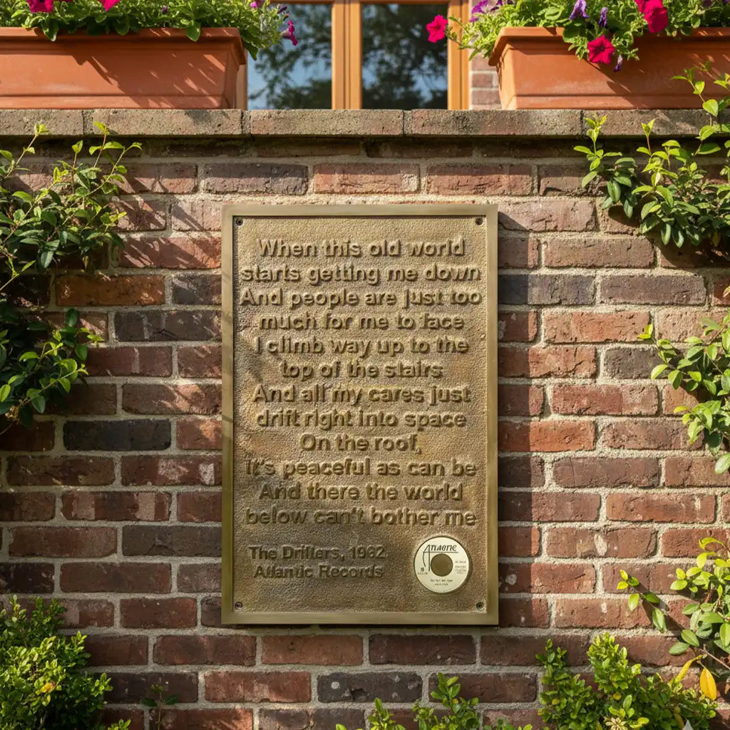 Decorative bronze tribute plaque with custom text on a brick wall with plants above