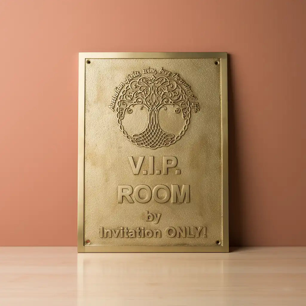 Personalized brass plaque: Gold plaque with text on a peach background