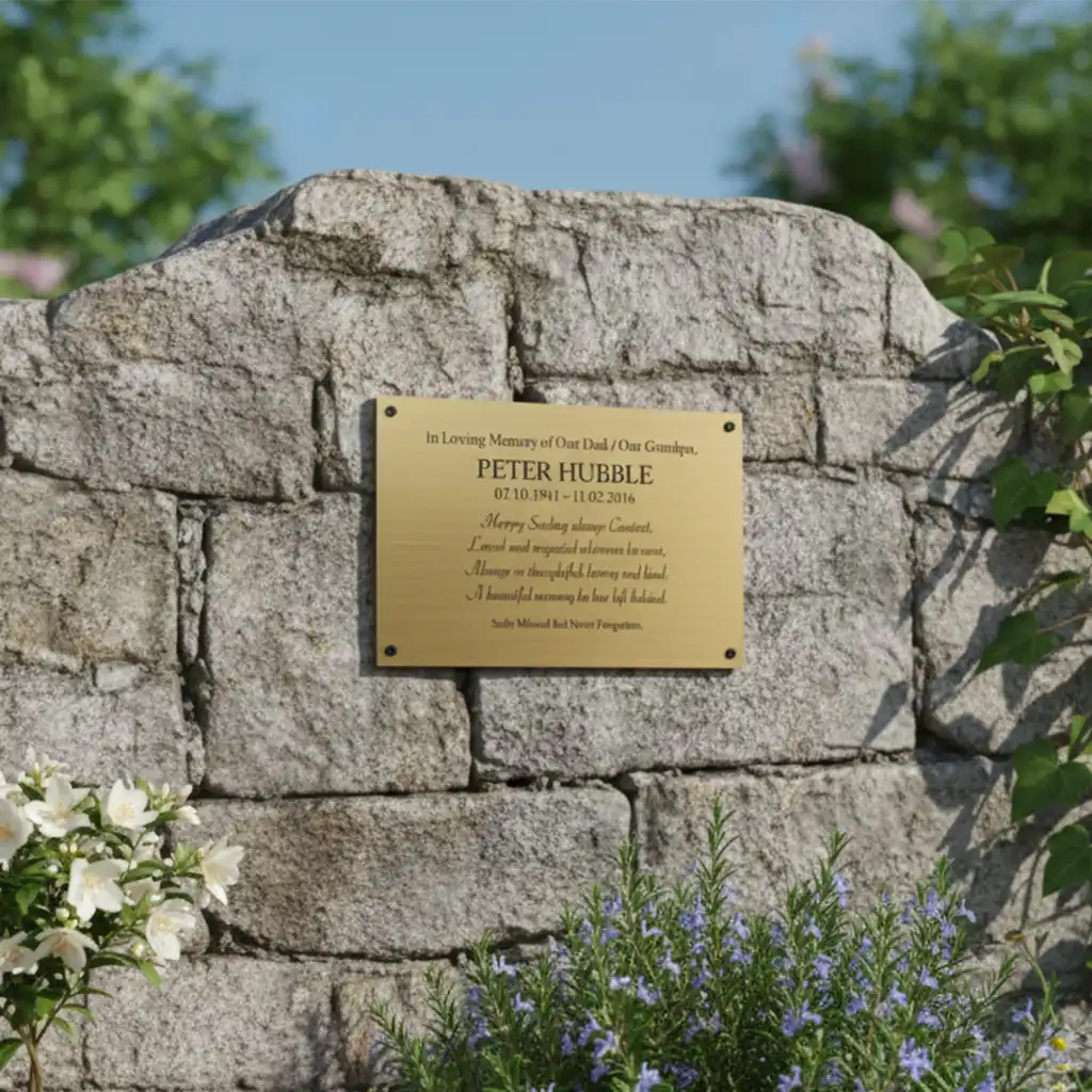 Brass plaque for memorial keepsake—memorial plaque on a stone wall with flowers and greenery around