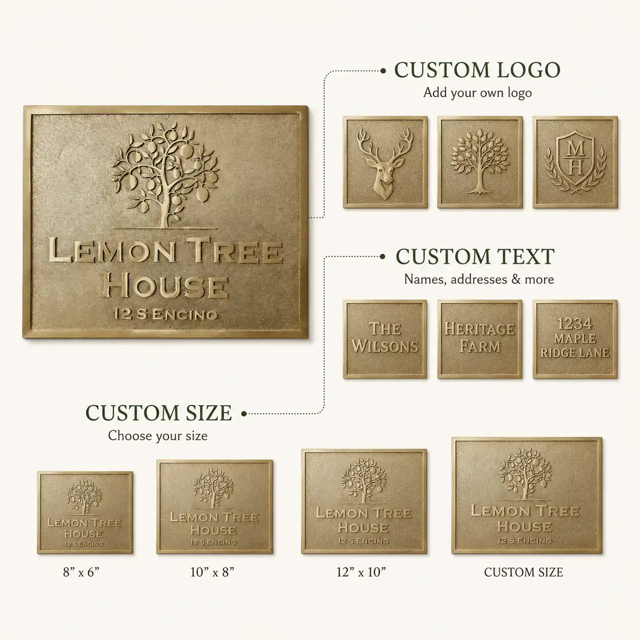 Luxury Brass House Number Plaque infographic highlighting polished raised lettering and personalized design options.