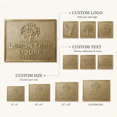 Luxury Brass House Number Plaque infographic highlighting polished raised lettering and personalized design options.