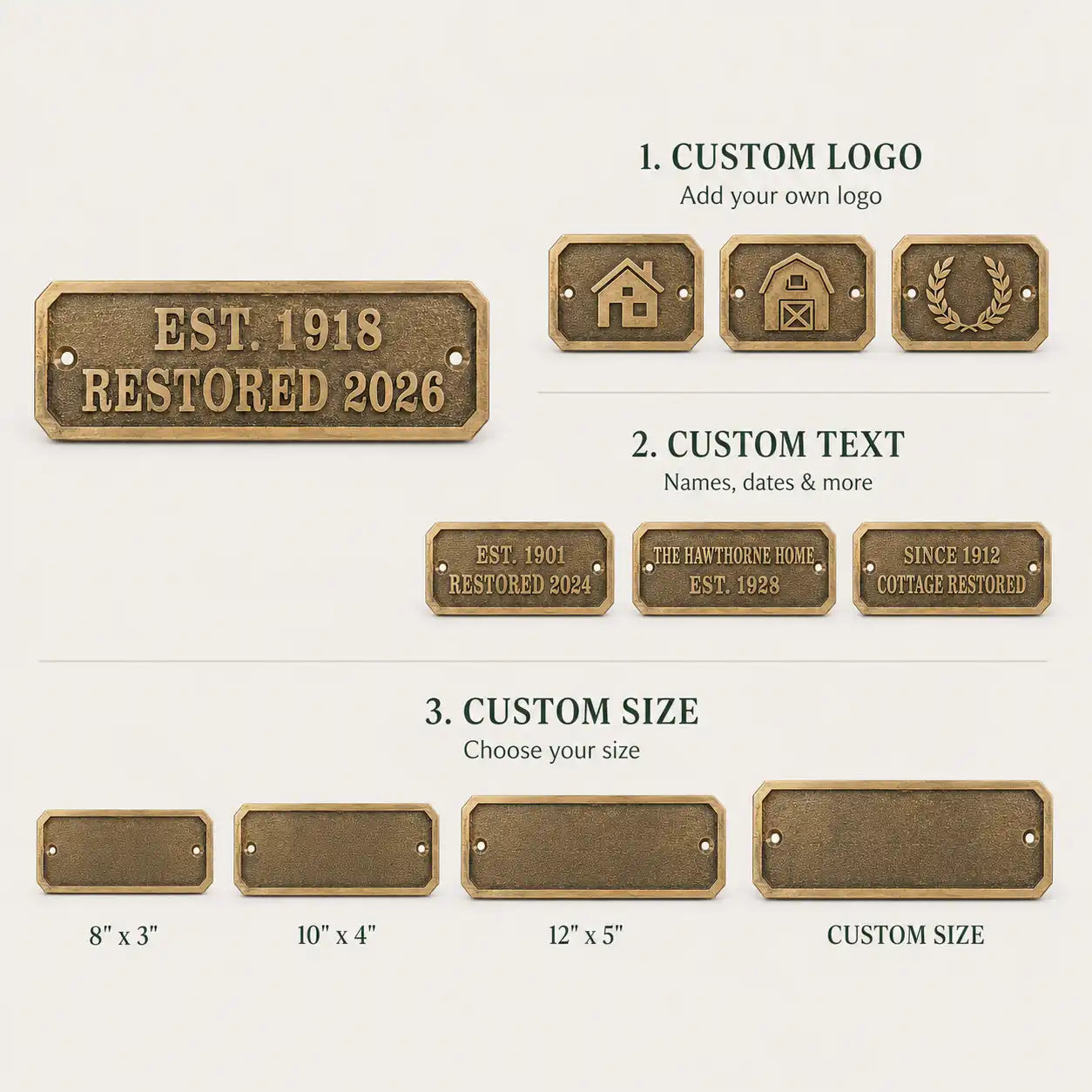 Outdoor Brass House Number Plaque infographic showing custom address numbers, weather-resistant finish and fixing details.