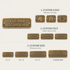 Outdoor Brass House Number Plaque infographic showing custom address numbers, weather-resistant finish and fixing details.