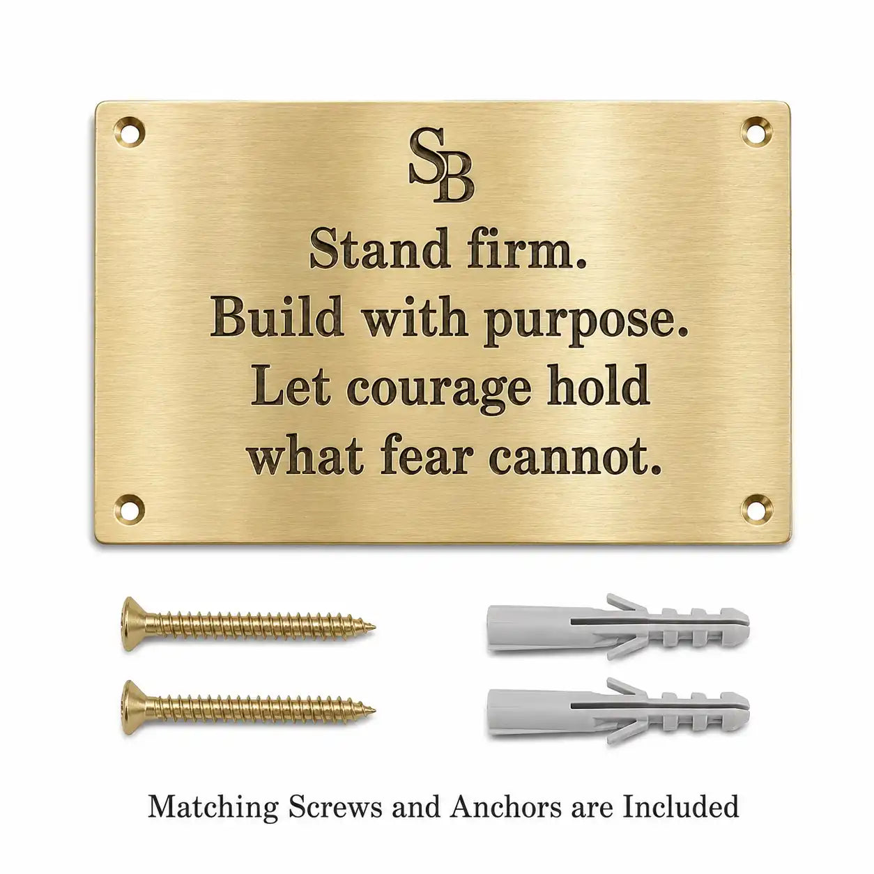 Custom Engraved Brass Plaque displayed with two mounting screws and two wall anchors included for installation.