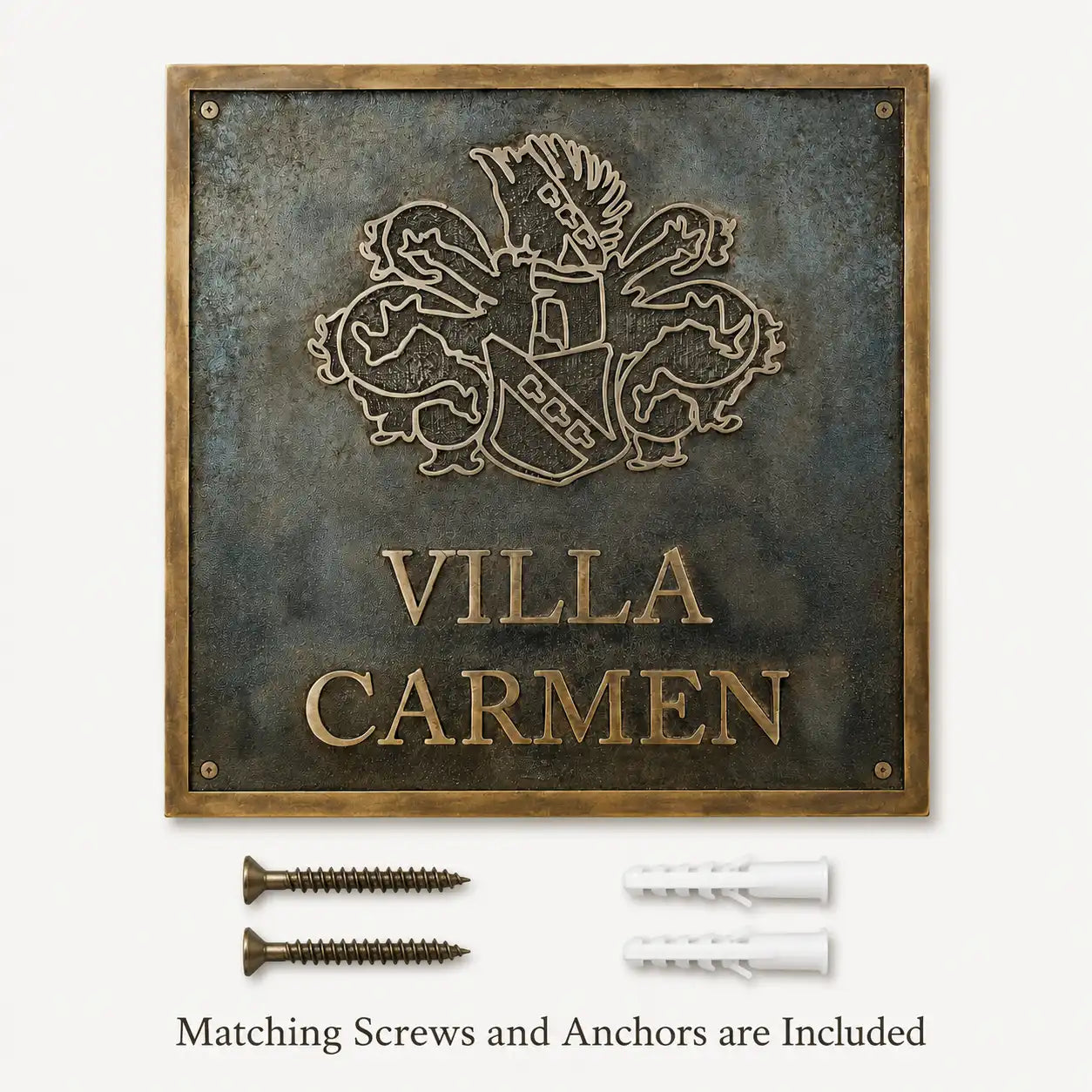 Bronze Address Plaque displayed with two mounting screws and two wall anchors included for installation.