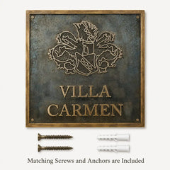 Bronze Address Plaque displayed with two mounting screws and two wall anchors included for installation.
