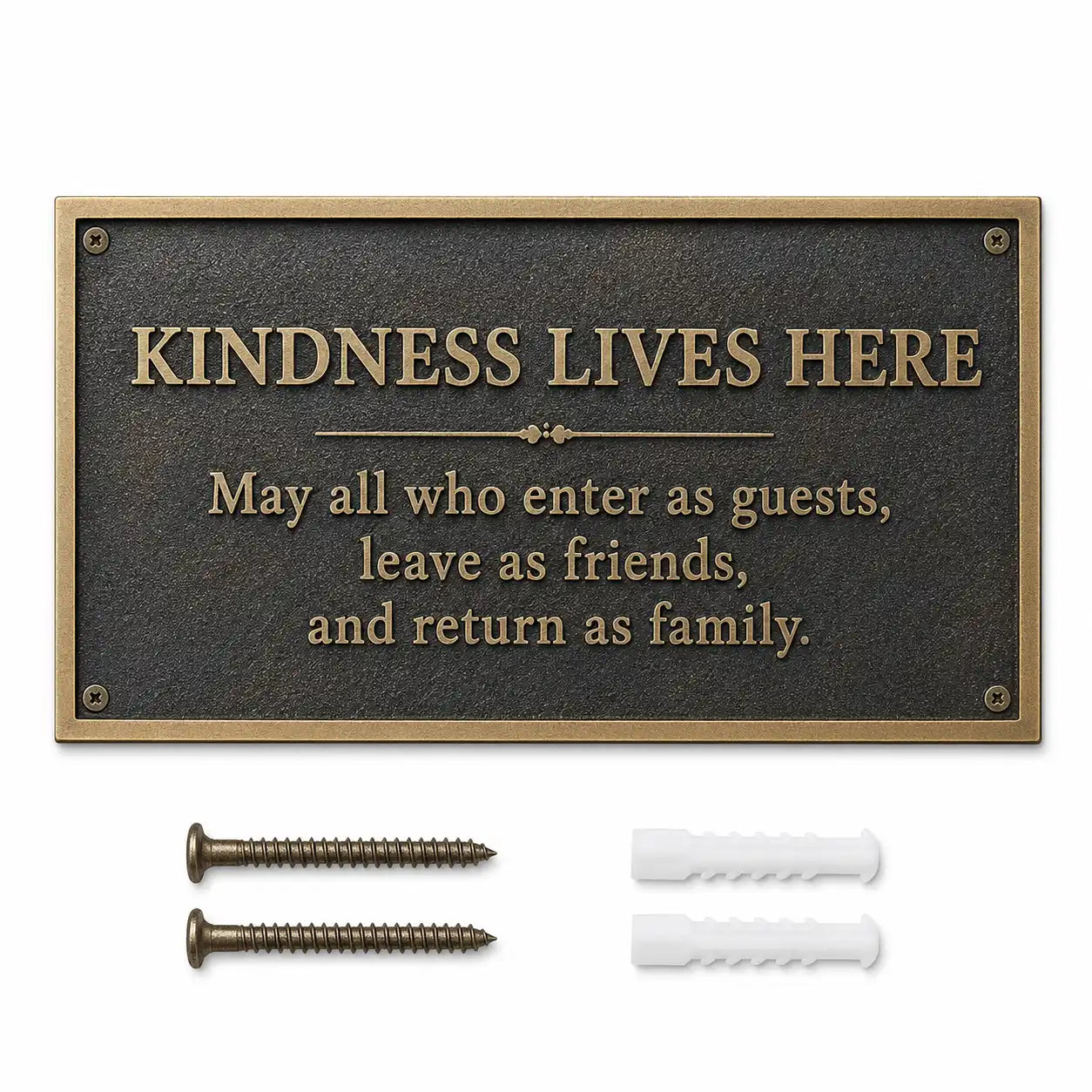 Brass address sign with raised lettering, mounting holes, screws and wall anchors included for installation.