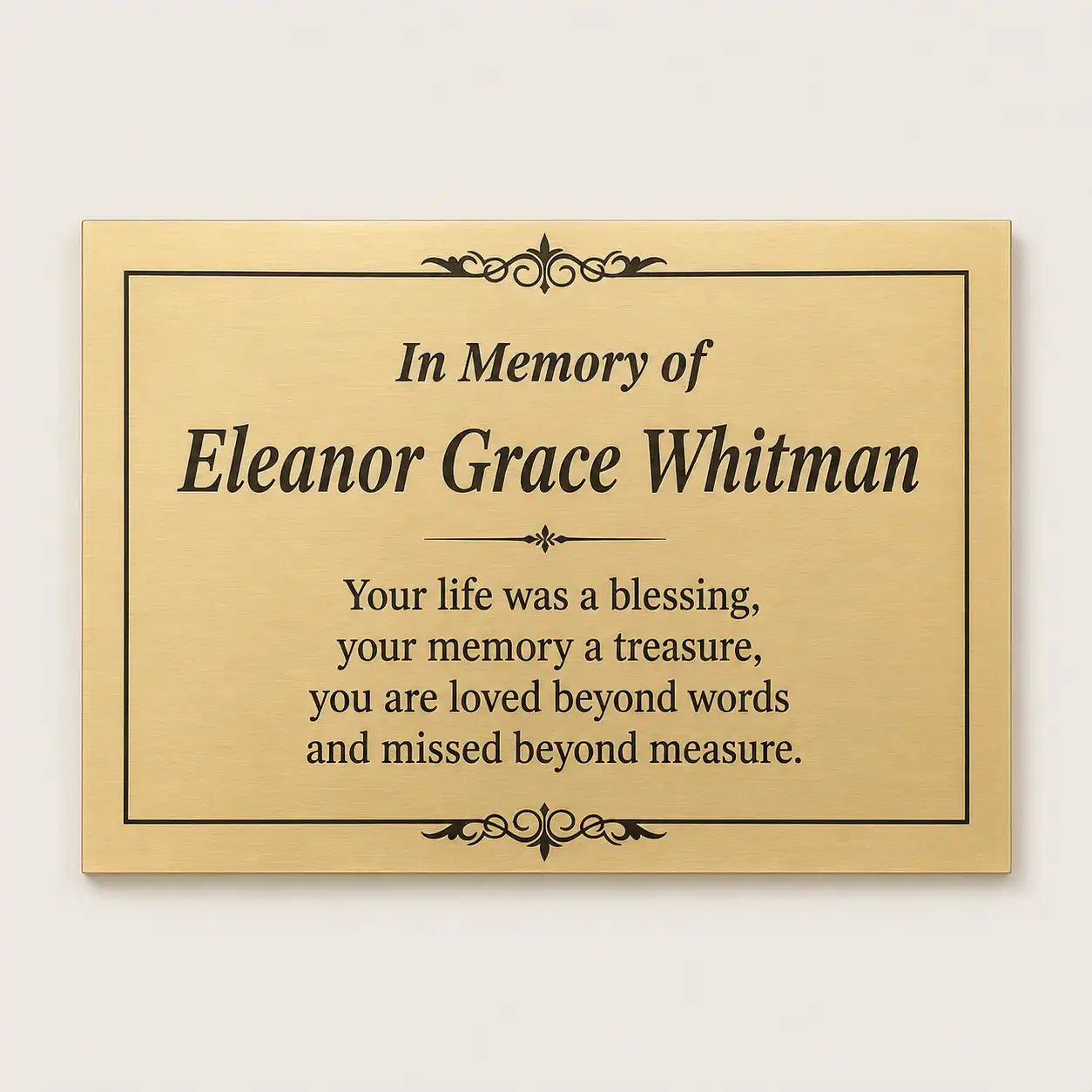 Engraved brass tribute plaque with personalized message
