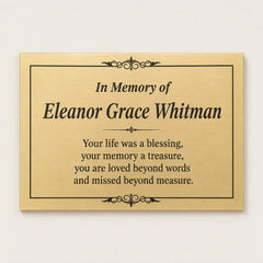 Engraved brass tribute plaque with personalized message