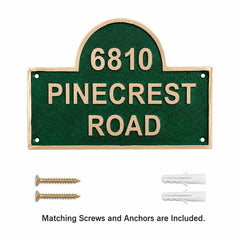 Personalized brass door sign shown with matching screws and wall anchors on a clean background.