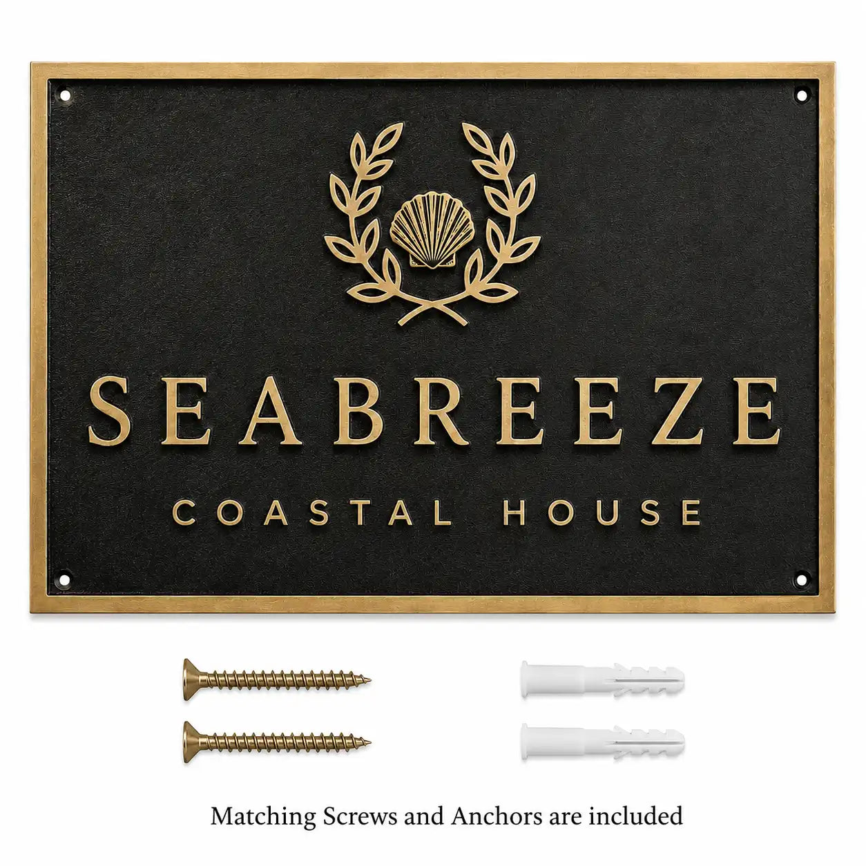 Brass House Number Plaque shown with included screws and anchors on a clean product background.