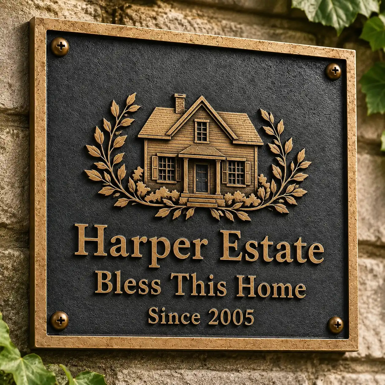 Personalized brass plaque with engraved details for indoor or outdoor use